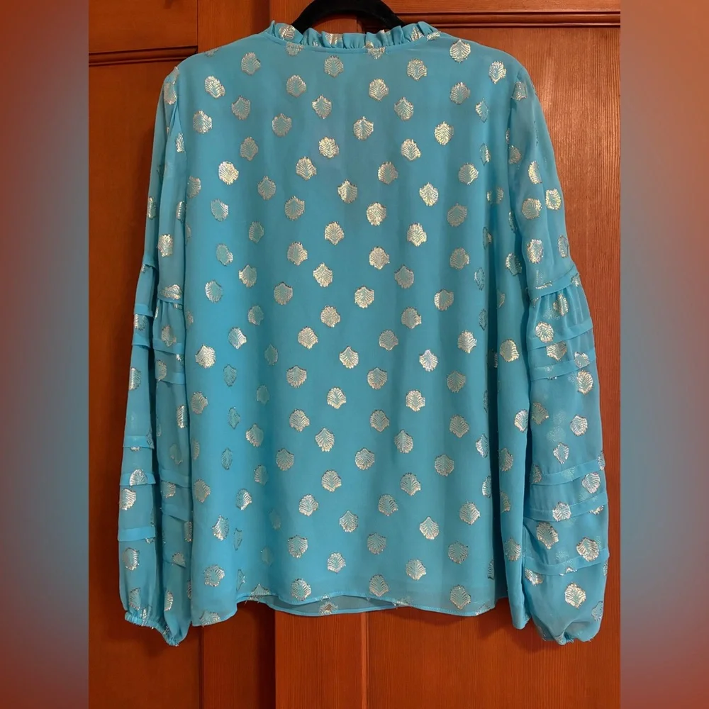 NWT! GIANA SILK TOP IN BERMUDA BLUE SEAGRASS METALLIC CLIP CHIFFON L - Picture 4 of 5